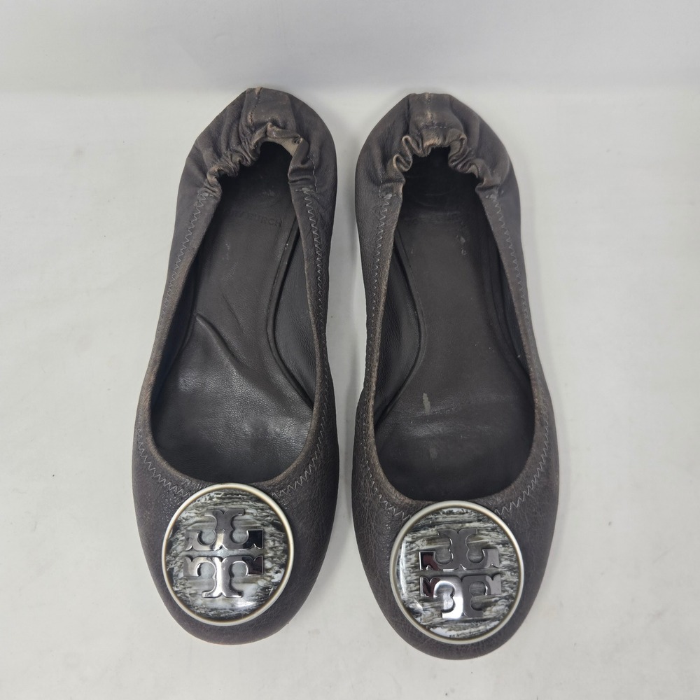 Tory Burch Reva Ballet Flats Brown Leather‎ Marbled Logo Medallion Size 7M